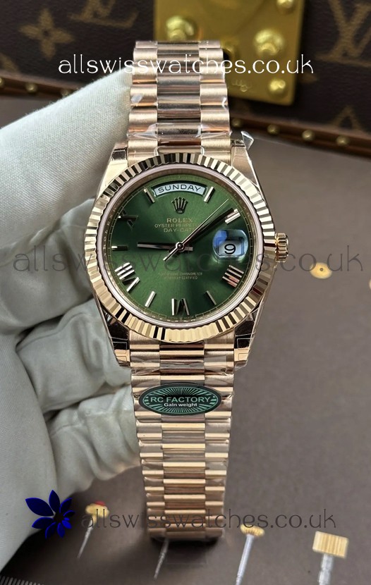 Rolex Day Date 228236 Rose Gold Green Roman Dial Super Clone Watch 