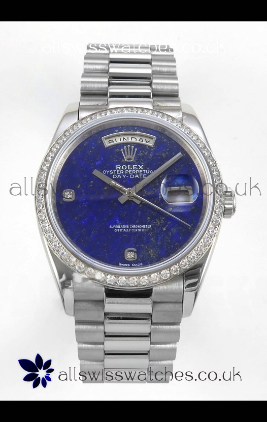 Rolex Day Date Blue Lapis Dial Diamonds Bezel 36MM Swiss Replica Watch 