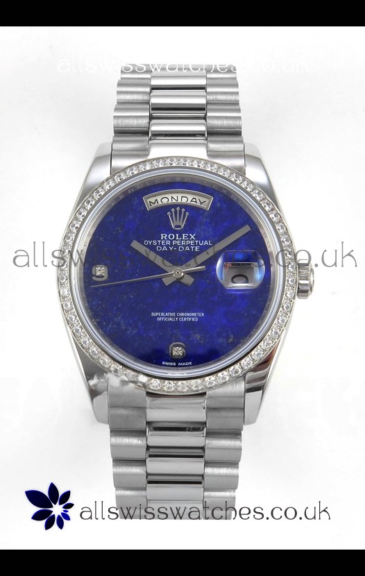 Rolex Day Date Blue Lapis Dial Diamonds Bezel 36MM Swiss Replica Watch 