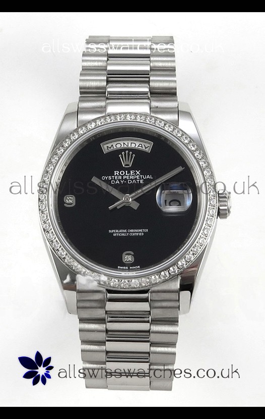 Rolex Day Date Black Dial Diamonds Bezel 36MM Swiss Replica Watch 