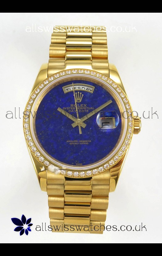 Rolex Day Date Yellow Gold Blue Lapis Dial Diamonds Bezel 36MM Swiss Replica