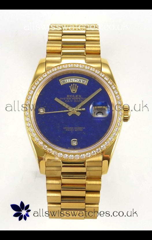 Rolex Day Date Yellow Gold Blue Lapis Dial Diamonds Bezel 36MM Swiss Replica