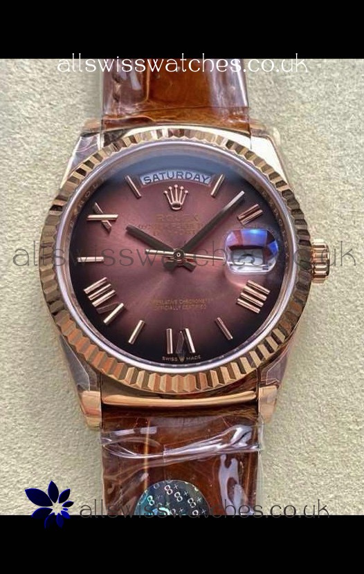 Rolex Day Date 128235 Rose Gold Brown Ombre Roman Dial Super Clone Watch 