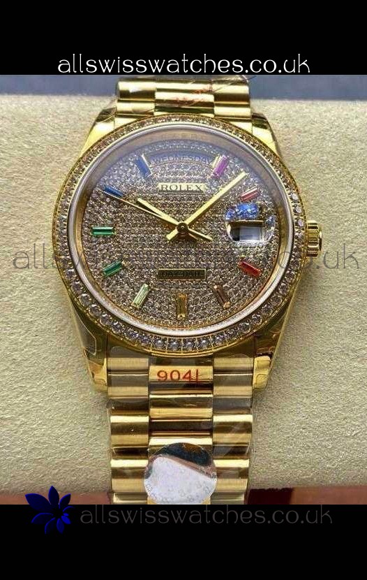 Rolex Day Date 128348RBR Yellow Gold Diamonds Dial Super Clone Watch 