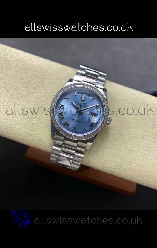 Rolex Day Date 128396TBR Steel Casing ICE Blue Roman Dial Swiss Replica Watch 