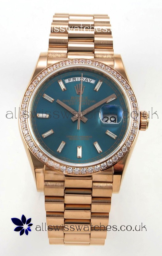 Rolex Day Date 128345 Rose Gold Green Crystal Dial Diamonds Bezel Super Clone Watch 