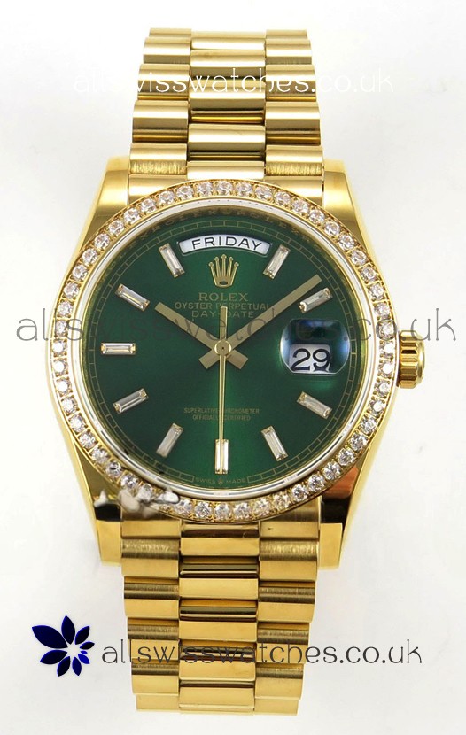 Rolex Day Date 128348 Yellow Gold Green Crystal Dial Diamonds Bezel Super Clone Watch 