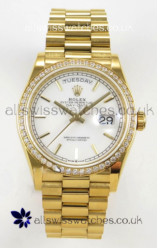 Rolex Day Date 128348 Yellow Gold White Dial Diamonds Bezel Super Clone Watch 