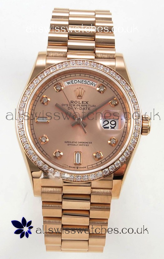 Rolex Day Date 128345 Rose Gold Diamonds Dial Super Clone Watch 