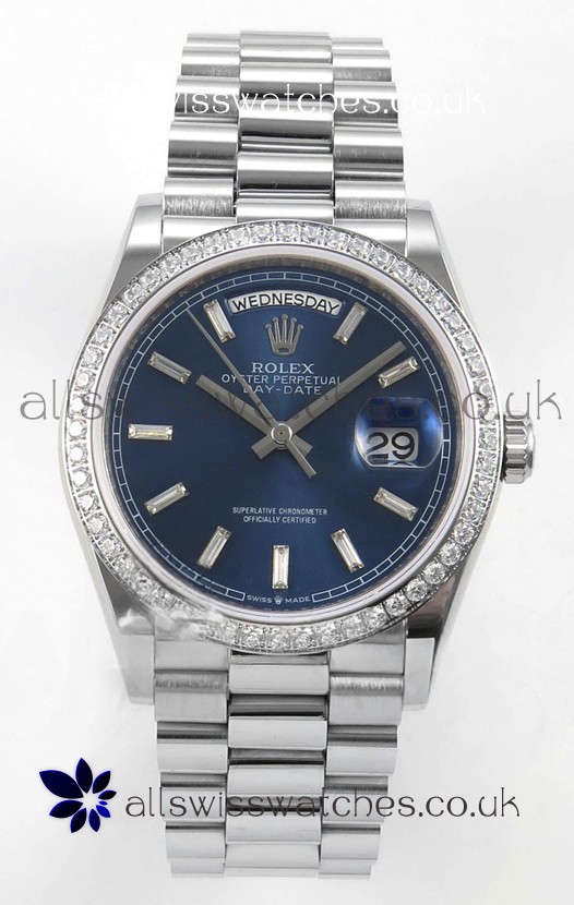 Rolex Day Date 128349 Stainless Steel Blue Crystal Dial Super Clone Watch 