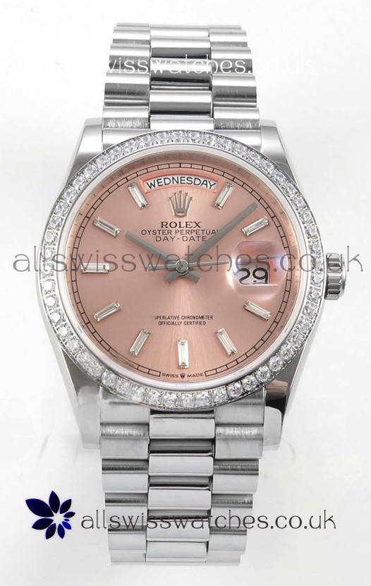 Rolex Day Date 128349 Stainless Steel Pink Crystal Dial Super Clone Watch 