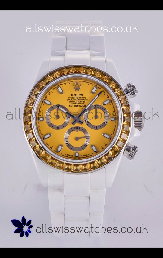 Rolex Daytona AET White Ceramic Yellow Dial 4130 Movment Super Clone Watch 