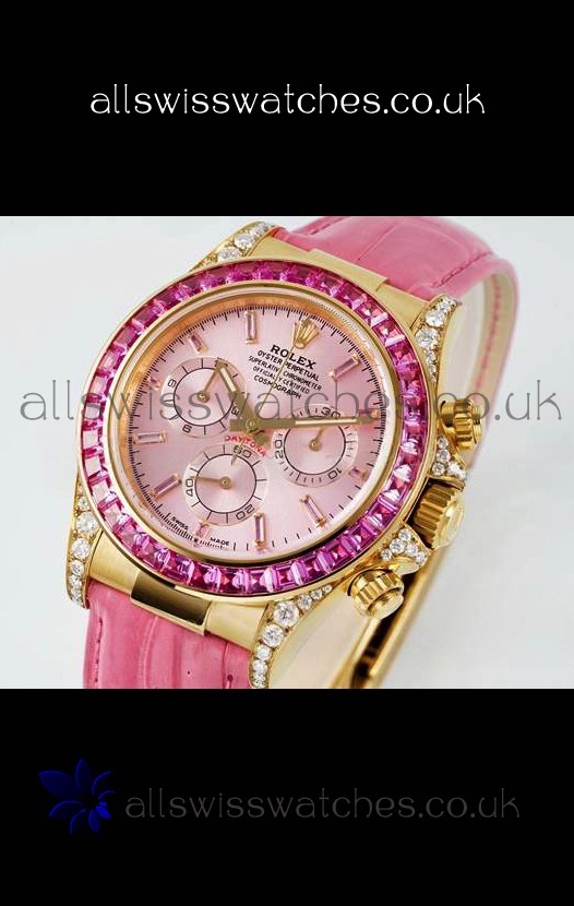 Rolex Daytona 116568 Yellow Gold 4801 Movement Sapphires Pink Dial Super Clone Watch 