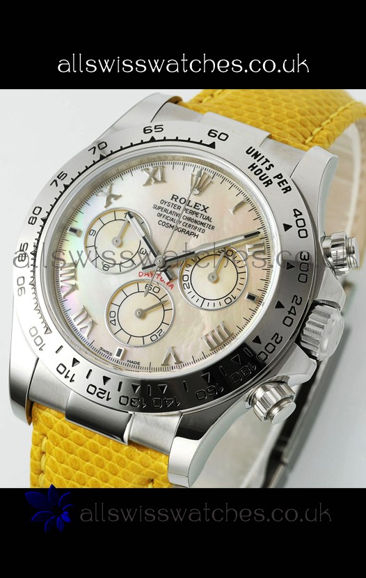Rolex Daytona 116519 Stainless Steel Yellow Pearl Leather Strap Super Clone Watch