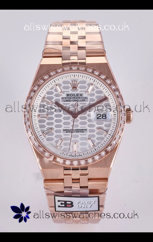 Rolex Land-Dweller 127336 Steel Honeycomb Dial Diamonds Rose Gold 40MM Super Clone Watch 