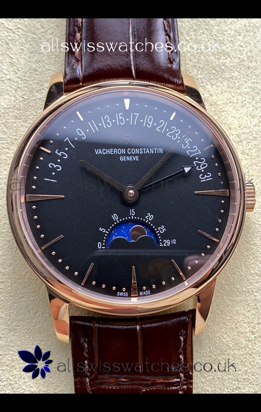 Vacheron Constantin Patrimony Moonphase Rose Gold Black dial Swiss Replica Watch 