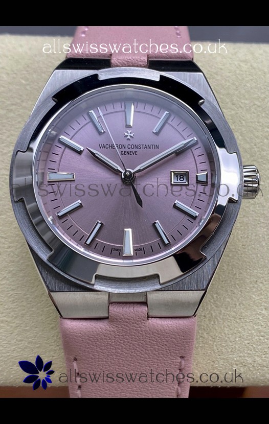 Vacheron Constantin Overseas 35MM Pink Dial Leather Strap Super Clone Watch 