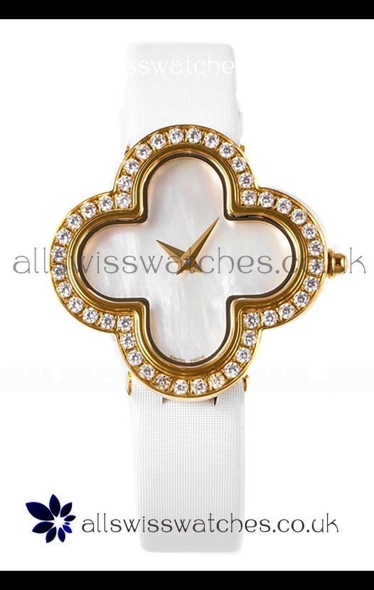 Van Cleef & Arpels Alhambra Yellow Gold Diamonds Bezel Pearl Dial Watch 