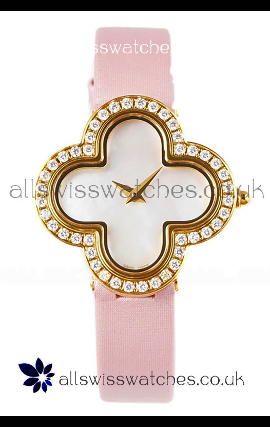 Van Cleef & Arpels Alhambra Yellow Gold Diamonds Bezel Pink Strap Watch 
