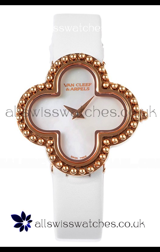 Van Cleef & Arpels Alhambra Rose Gold White Strap Watch 