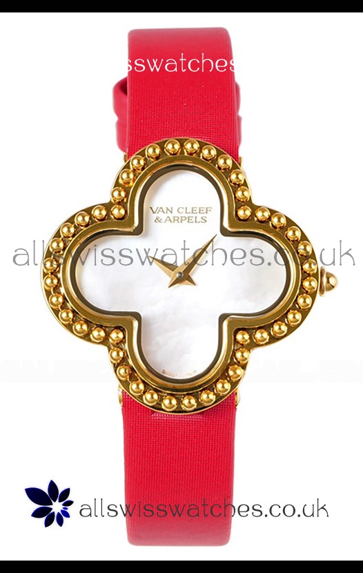 Van Cleef & Arpels Alhambra Yellow Gold Red Strap Watch 