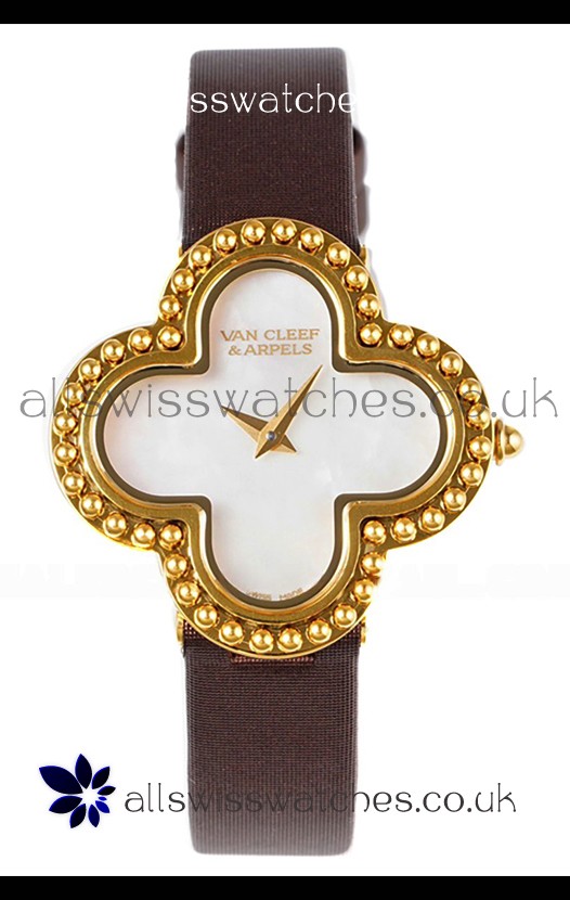 Van Cleef & Arpels Alhambra Yellow Gold Brown Strap Watch 