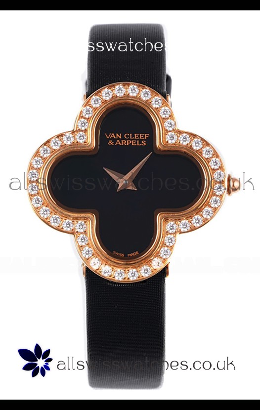 Van Cleef & Arpels Alhambra Rose Gold Diamonds Bezel Black Strap Watch 