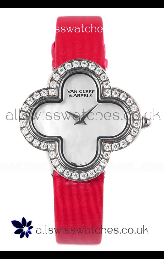 Van Cleef & Arpels Alhambra Stainless Steel Diamonds Bezel Red Strap Watch 