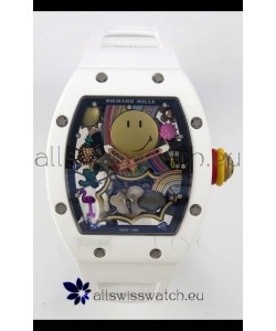 Richard Mille Super Clone RM088 Smiley Tourbillon White Ceramic Rubber Strap Watch 