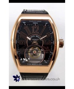 Franck Muller V45 Tourbillon Rose Gold Black Dial Brown Leather Super Clone Watch 