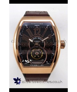 Franck Muller V45 Tourbillon Rose Gold Black Dial Black Leather Super Clone Watch 