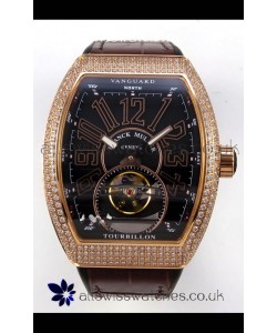 Franck Muller V45 Tourbillon Rose Gold Diamonds Brown Strap Super Clone Watch 