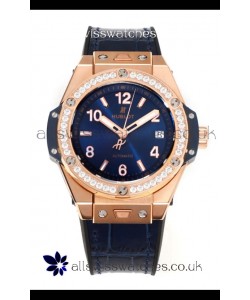 Hublot Big Bang One Click moissanite Bezel Rose Gold Super Clone Watch Blue Dial