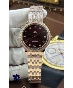 Omega De Ville Automatic 34MM Burgundy Dial Rose Gold Case Super Clone Watch 