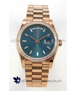Rolex Day Date 128345 Rose Gold Green Crystal Dial Diamonds Bezel Super Clone Watch 