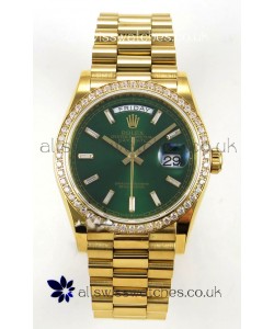 Rolex Day Date 128348 Yellow Gold Green Crystal Dial Diamonds Bezel Super Clone Watch 
