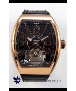 Franck Muller V45 Tourbillon Rose Gold Black Dial Brown Leather Super Clone Watch 