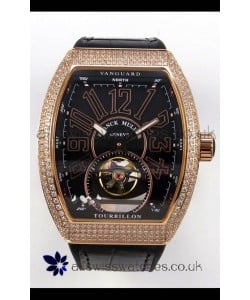 Franck Muller V45 Tourbillon Rose Gold Diamonds Black Strap Super Clone Watch 