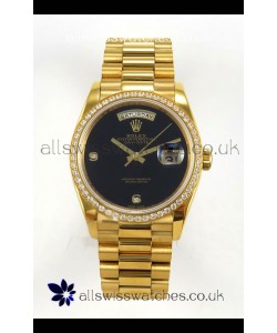 Rolex Day Date Yellow Gold Black Dial Diamonds Bezel 36MM Swiss Replica