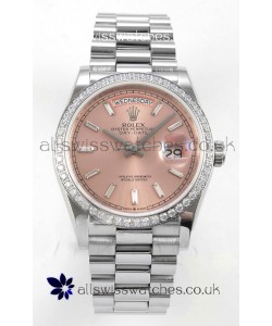 Rolex Day Date 128349 Stainless Steel Pink Crystal Dial Super Clone Watch 